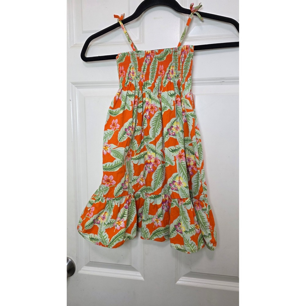 H&M Tropical Floral Sundress Girls 5T Orange Hibiscus Smocked Tie Strap Summer